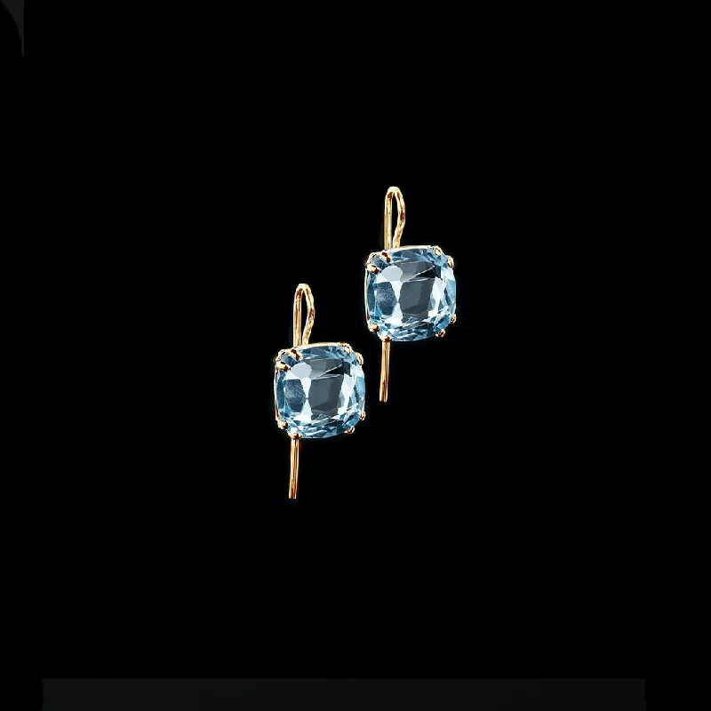 Gold Drop Earrings for Women -Blue Topaz 14K Yellow Gold Earrings, 12MM Cushion Cut