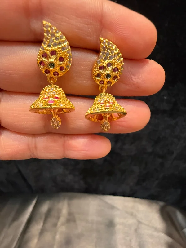 Drop Earrings for Engagement Party -Appealing Gold tone Multicolored Stoned Designer jhumka Earrings