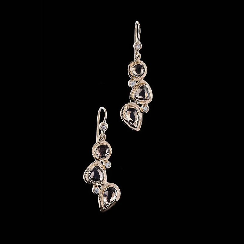 Clip On Drop Earrings for Non Pierced -Smokey Topaz & Diamond 18K Gold Drop Earrings, Mosaic 3 Stone