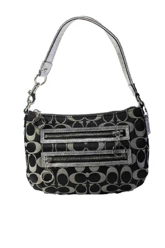 Handle bags with polka dots for fun -Coach Womens Monogram Canvas Silver Tone Zipper Closure Shoulder Handbag Black Grey