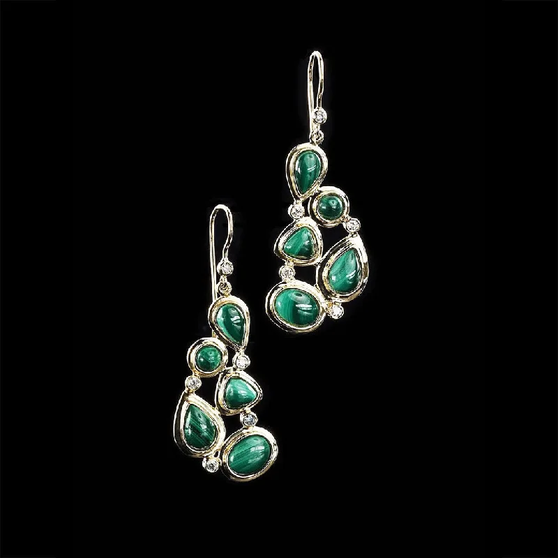 Drop Earrings for Formal Attire -Malachite & Diamond 18K Gold Drop Earrings, Mosaic 5 Stone