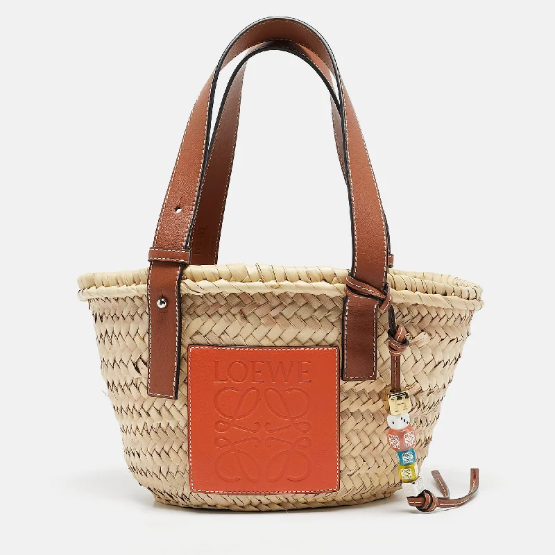 Handle bags with abstract art for uniqueness -Loewe Brown/cream Woven Raffia And Leather Basket Bag