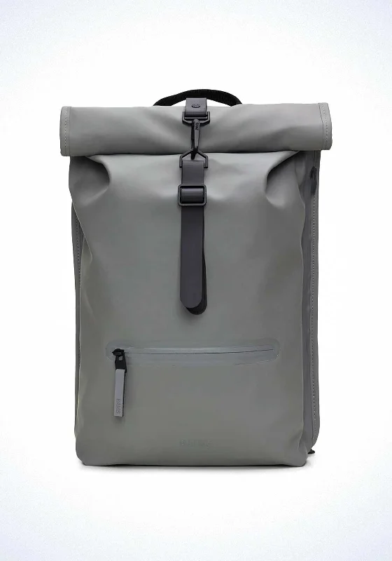 Vintage-inspired backpack with brass buckle details -Rains Rolltop Rucksack, Grey