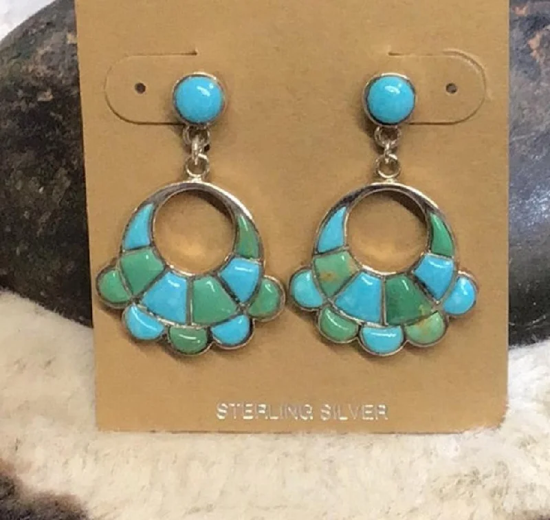 Push Back Drop Earrings for Convenience -Blue Green Turqoise Inlay Hoop Dangle Earrings