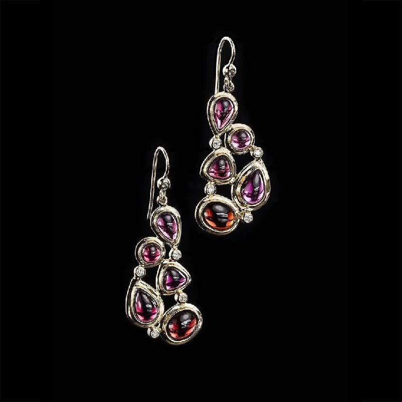 Drop Earrings for Birthday Celebration -Garnet & Diamond 18K Gold Mosaic 5 Stone Earrings