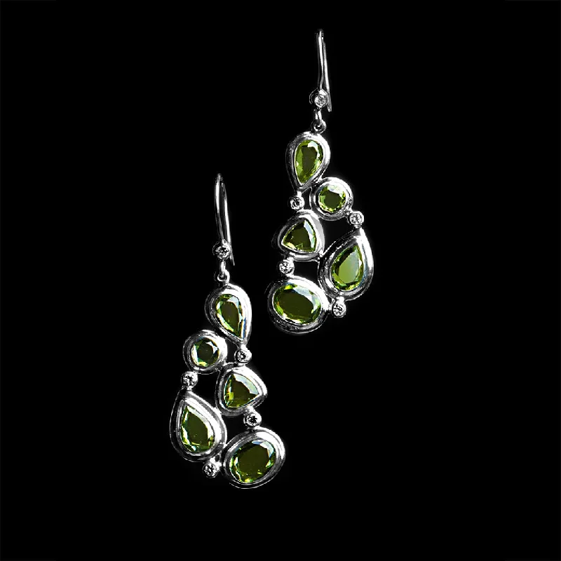 Drop Earrings for Christmas Party -Peridot & Diamond Sterling Drop Earrings, Mosaic 5 Stone