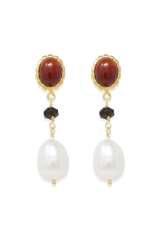 Drop Earrings for Work Attire -Carnelian, Onyx & Pearl Drop Earrings