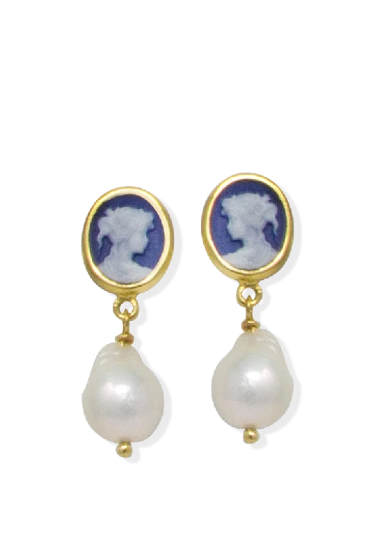 Drop Earrings for Office Wear -Blue Mini Cameo & Pearl Earrings