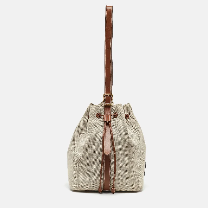 Handle bags with compact designs for portability -Miu Miu Brown/natural Canvas Logo Drawstring Bucket Bag