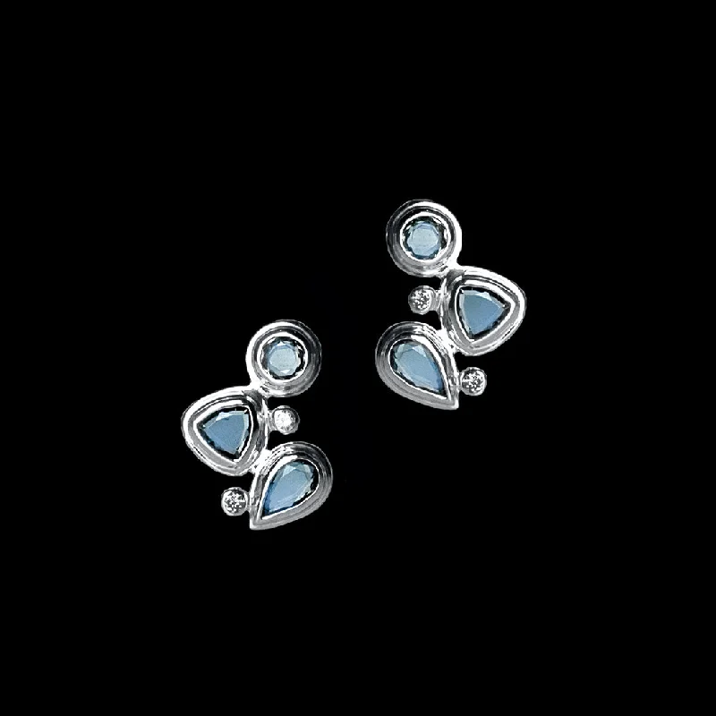 Round Drop Earrings for Classic -Blue Topaz & Diamond Sterling Post Earrings, Mosaic 3 Stone