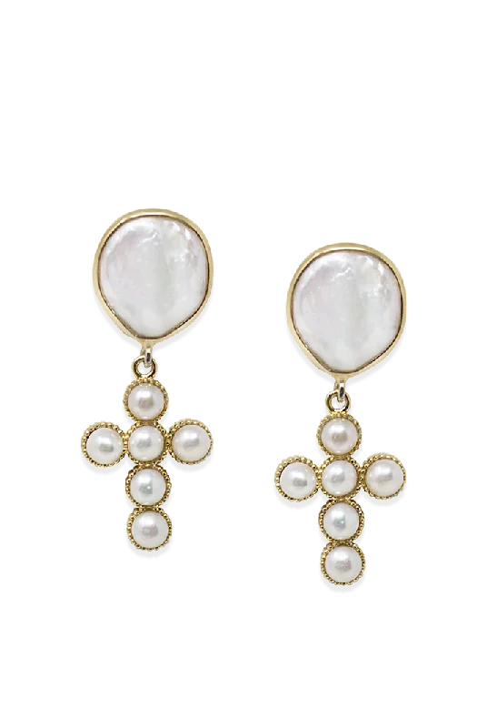 Drop Earrings for Wellness Routine -Hope Gold-plated Pearl Cross Earrings