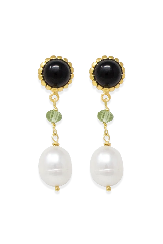 Drop Earrings for School Uniform -Onyx, Peridot & Pearl Drop Earrings