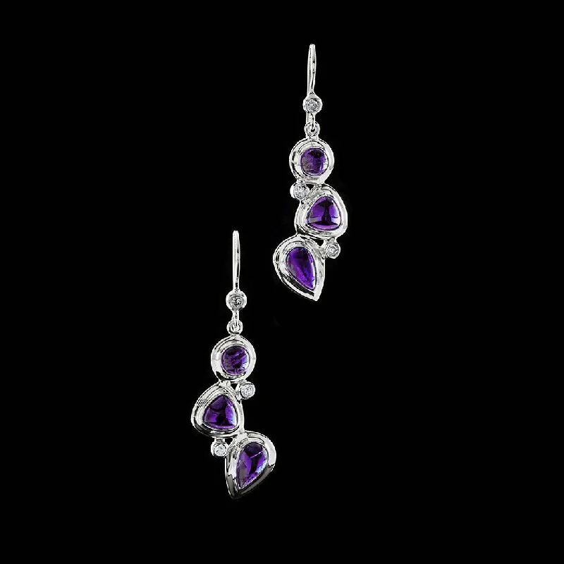 Hippie Drop Earrings with Beads -Amethyst & Diamond Sterling Earrings, Mosaic 3 Stone