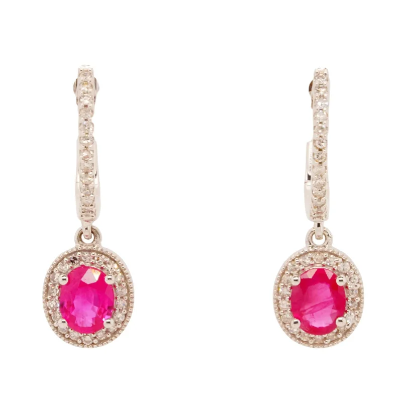 Drop Earrings with Hammered Finish -14K White Gold Oval Ruby With Diamond Halos Dangle Earrings