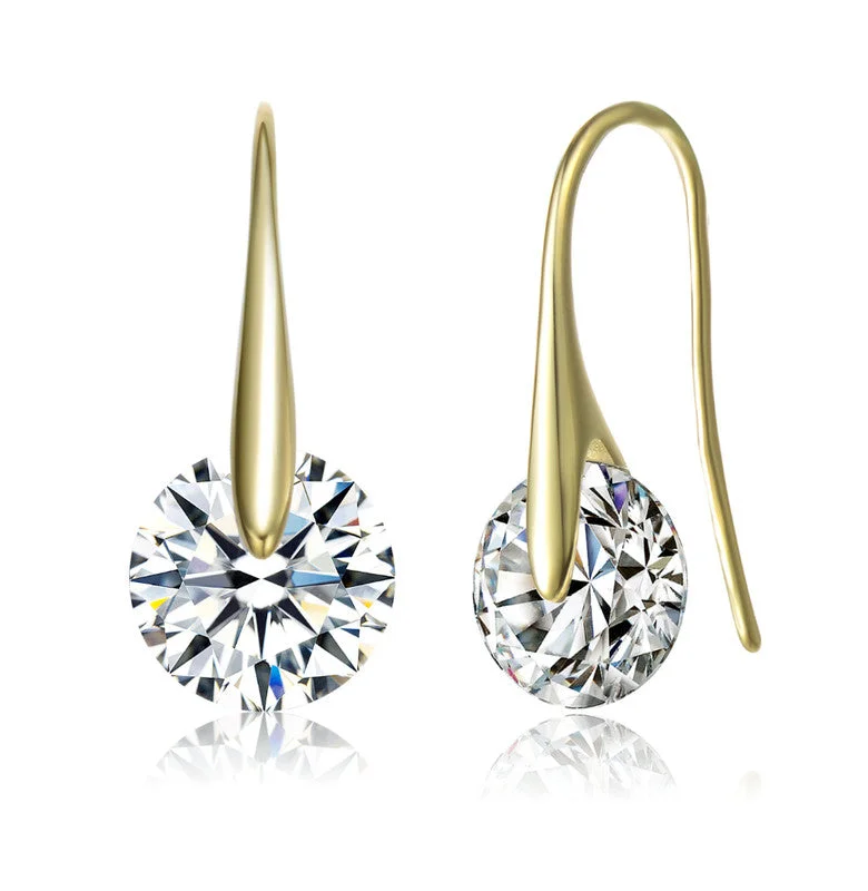 Round Drop Earrings for Classic -GENEVIVE Sterling Silver Gold Plated Cubic Zirconia Hook Earrings