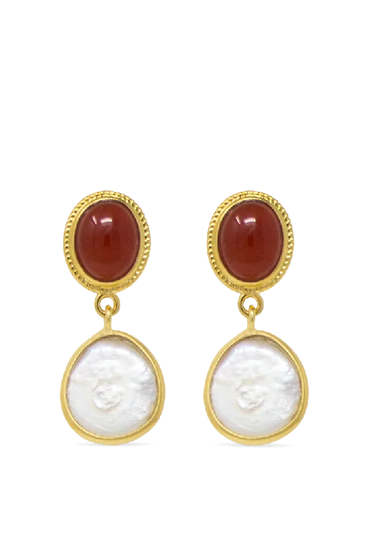 Drop Earrings with Floral Motifs -Gold-plated Carnelian & Pearl Earrings