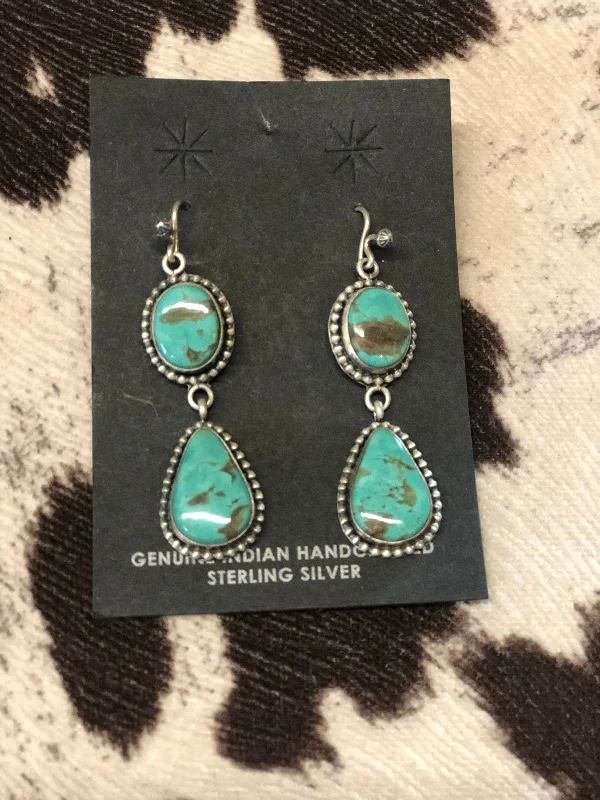 Gothic Drop Earrings with Dark Tone -Turquoise & Sterling Silver Earrings by Elgin Tom-Navajo