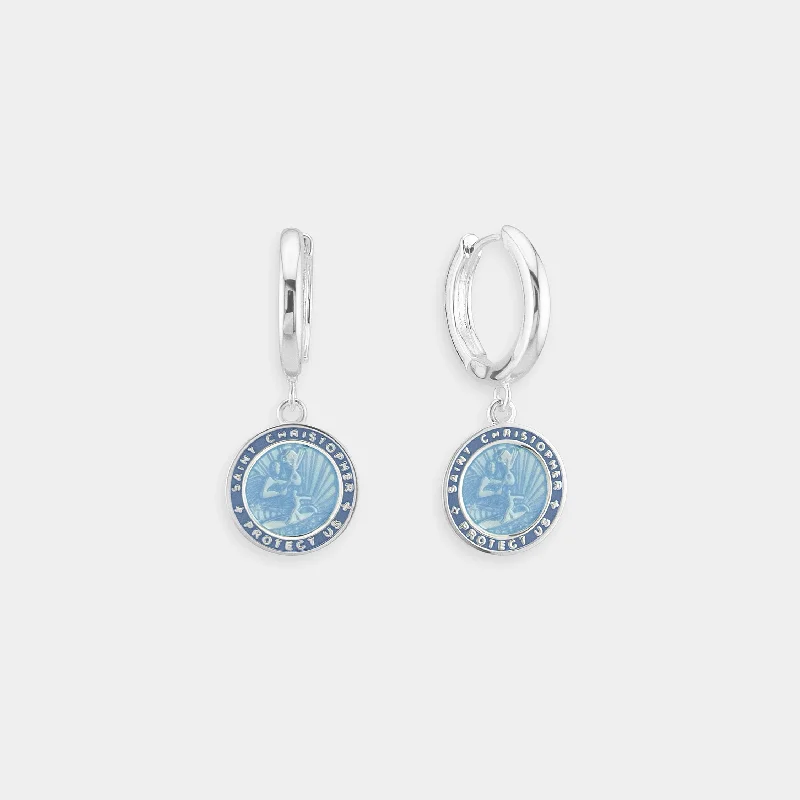 Ethnic Drop Earrings with Tribal Design -St. Christopher Earrings - Denim Blue