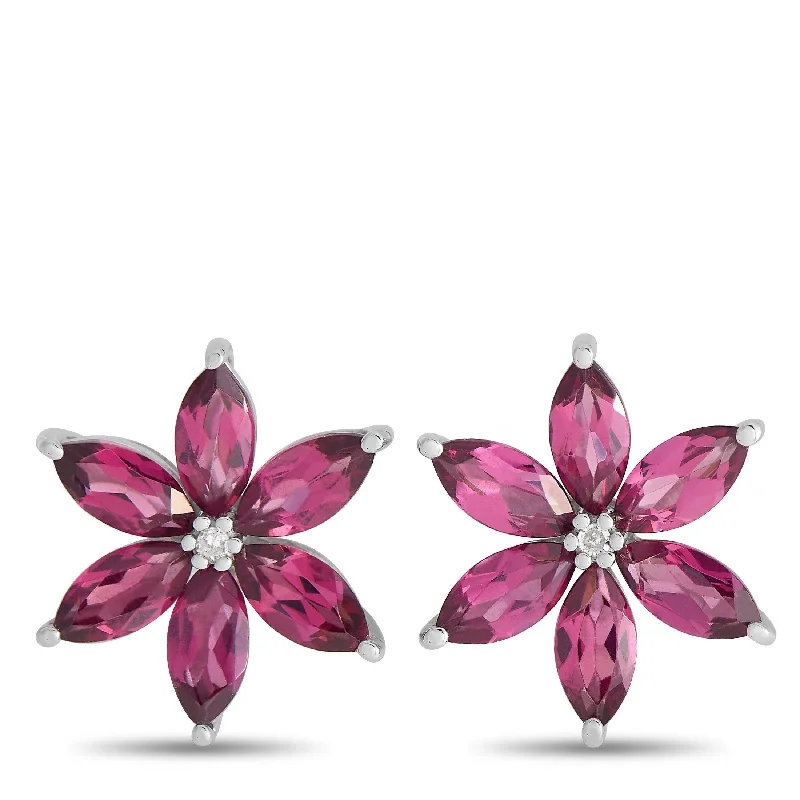 Drop Earrings for Work Attire -White Gold 0.01ct Diamond and Rhodolite Flower Earrings ER4-15657WRHOD