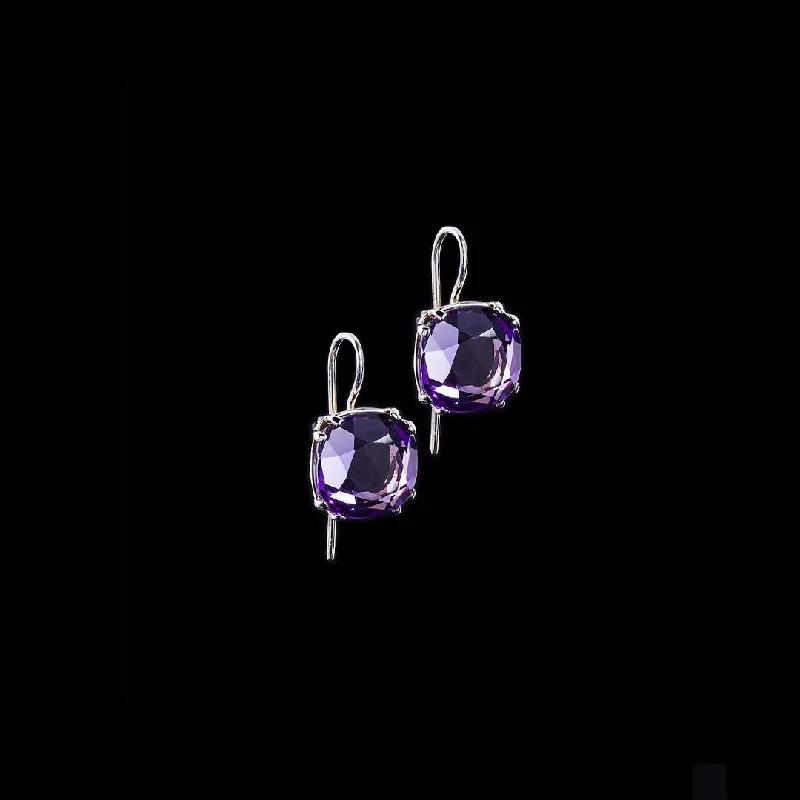 Drop Earrings for Gym Workout -Medium Amethyst Sterling Earrings, 12MM Cushion Cut