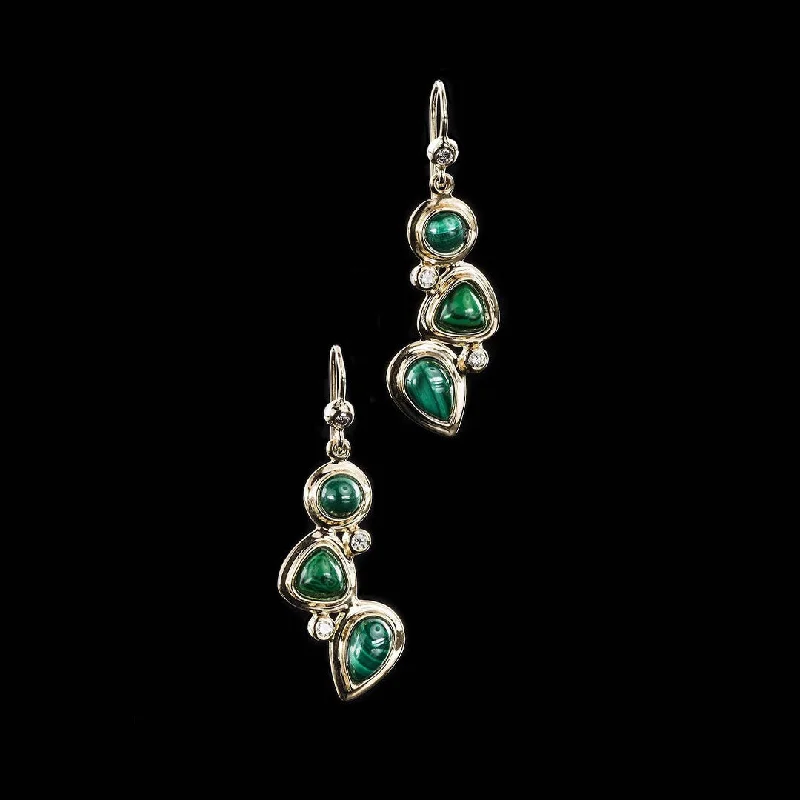 Drop Earrings with Textured Surface -Malachite & Diamond 18K Gold Drop Earrings, Mosaic 3 Stone