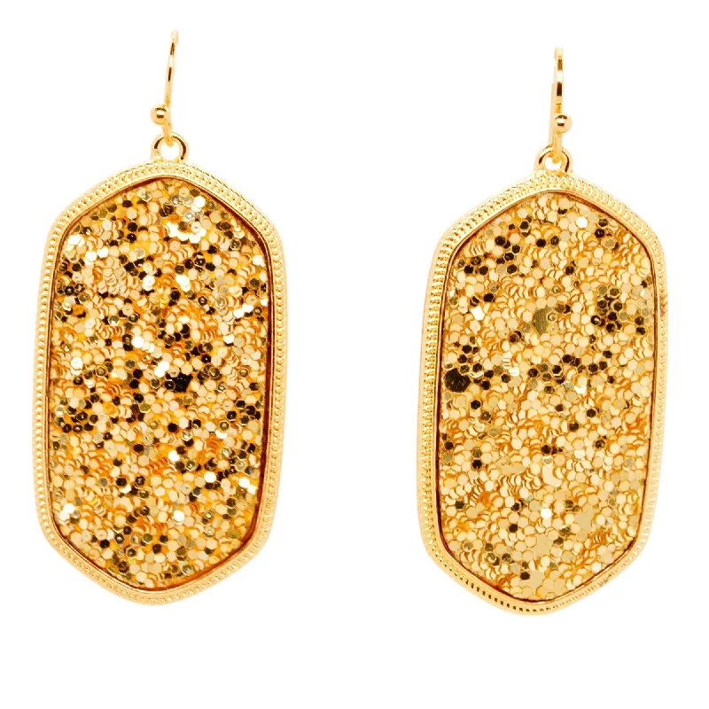 Push Back Drop Earrings for Convenience -Gold Tone Hexagon Gold Glitter Drop Earrings