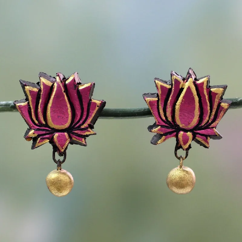 Studded Drop Earrings with Gemstones -Handmade Terracotta 'Lotus Majesty' Earrings (India) - Pink - 1*0.8