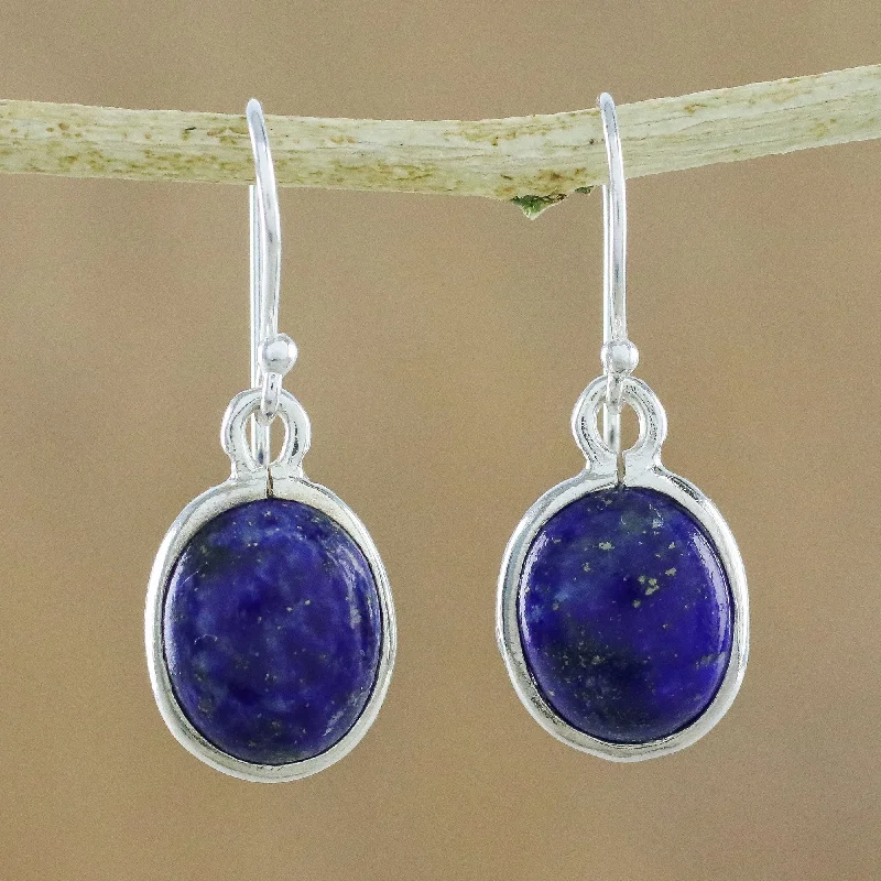 Drop Earrings with Leaf Motifs -Majestic Blue Lapis Lazuli Oval Earrings