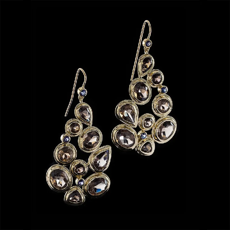 Drop Earrings for Festival Style -Smokey Topaz & Iolite 18K Gold Drop Earrings, Mosaic 9 Stone