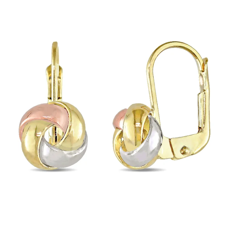 Long Drop Earrings for Dramatic -Mimi & Max Entwined Polished Love Knot Leverback Earrings 3-Tone Yellow, Rose and White in 10k Gold