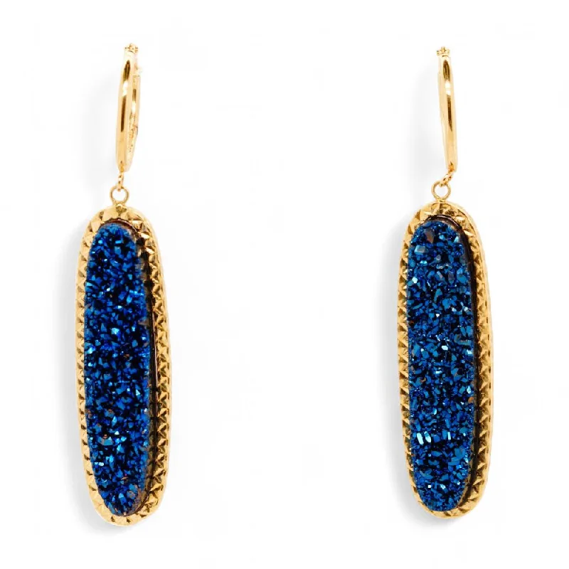 Gold Drop Earrings for Women -14K Gold Blue Drusy Quartz Dangle Earrings