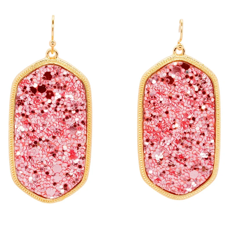 Drop Earrings with Crown Designs -Gold Tone Frame Pink Drusy Drop Earrings