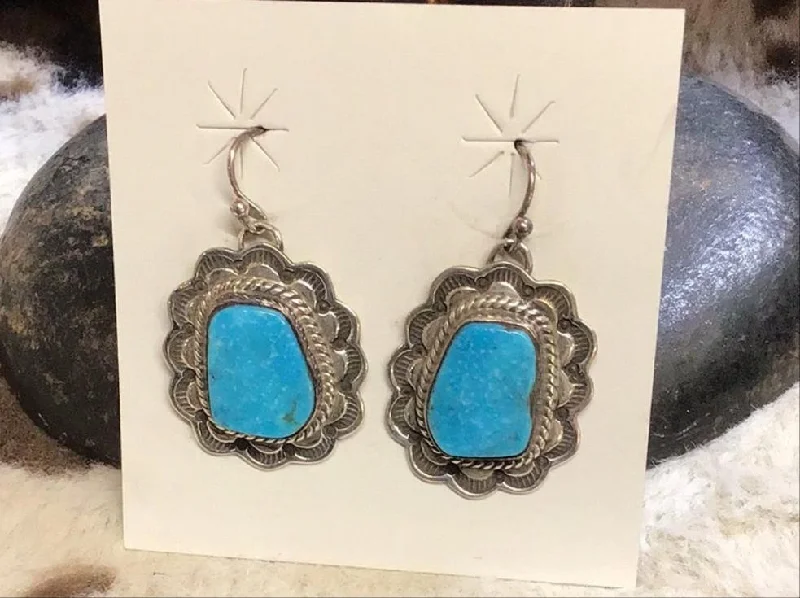 Clip On Drop Earrings for Non Pierced -Turquoise & Sterling Silver Stamped Earrings