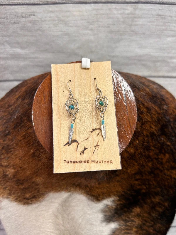 Small Drop Earrings for Delicate -Dream Catcher With Turquoise Nugget & Feather Earrings