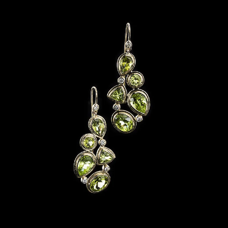 Drop Earrings for Office Wear -Peridot & Diamond 18K Gold Drop Earrings, Mosaic 5 Stone