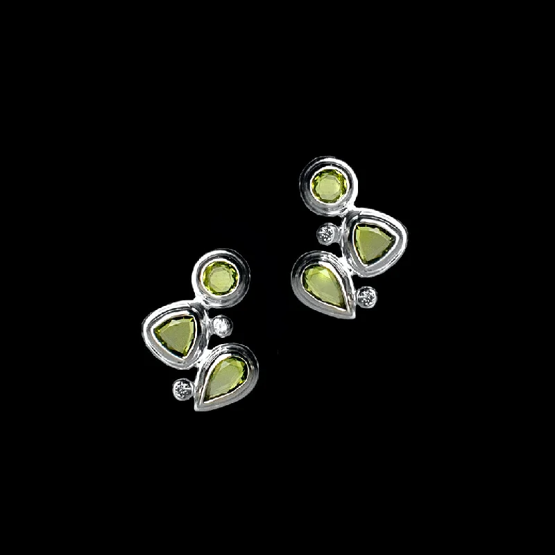 Geometric Drop Earrings for Trend -Peridot & Diamond Sterling Post Earrings, Mosaic 3 Stone