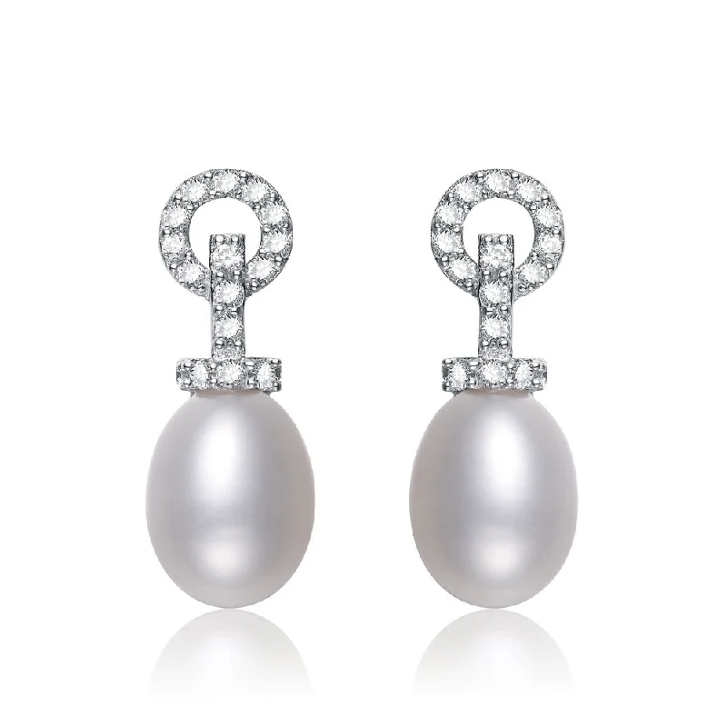 Oval Drop Earrings for Grace -C.z. Sterling Silver Rhodium Plated Pearl Drop Earrings