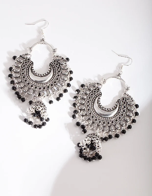 Drop Earrings for Shopping Trip -Antique Silver Black Beaded Drop Jhumka Earrings