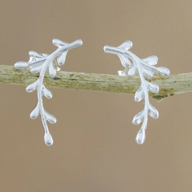 Large Drop Earrings for Statement -Shining Olive Sterling Silver Olive Branch Drop Earrings from Thailand