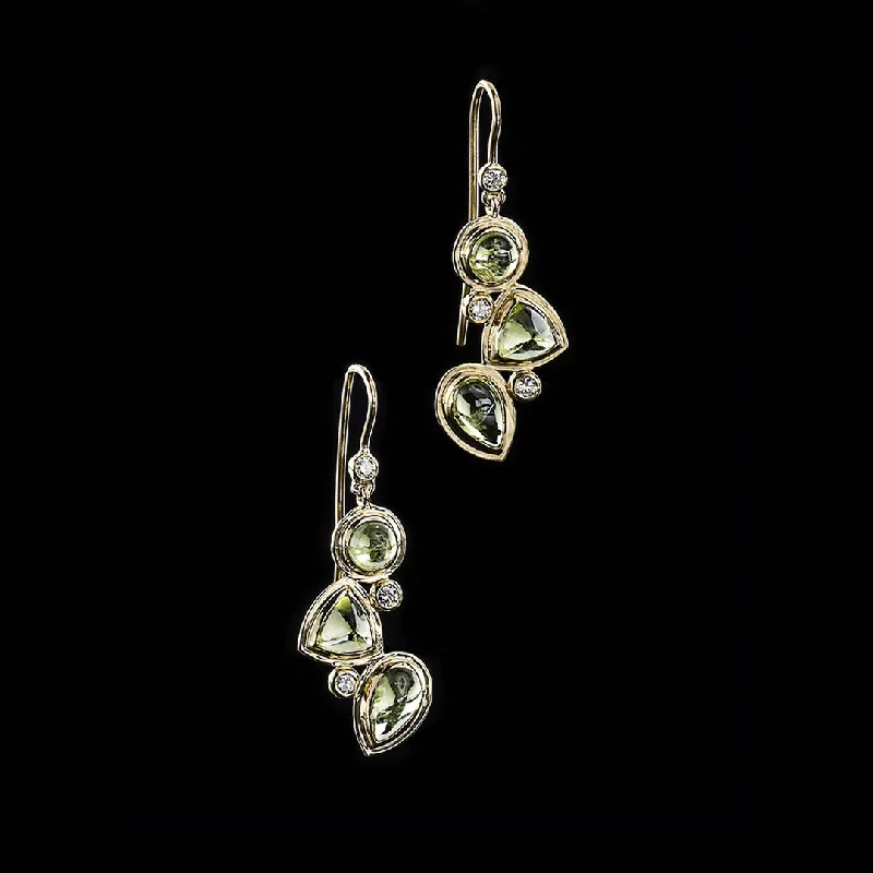 Drop Earrings with Filigree Work -Peridot & Diamond 18K Gold Drop Earrings, Mosaic 3 Stone