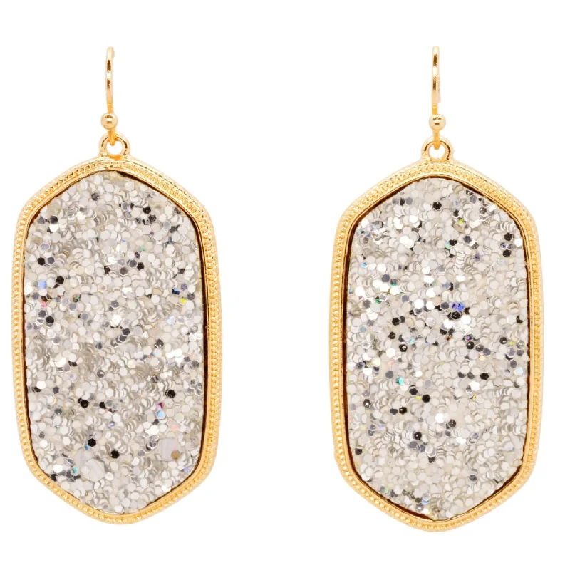 Drop Earrings for Prom Night -Gold Tone Frame Silver Drusy Drop Earrings