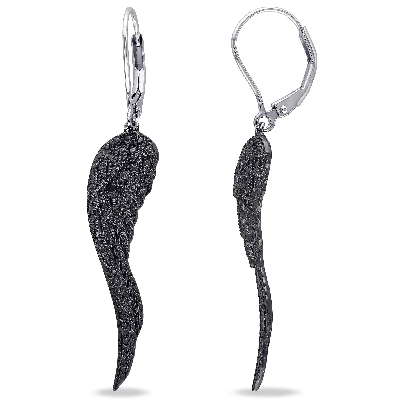 Drop Earrings for Party Look -Mimi & Max Black Diamond Leverback Wing Earrings in Sterling Silver with Black Rhodium