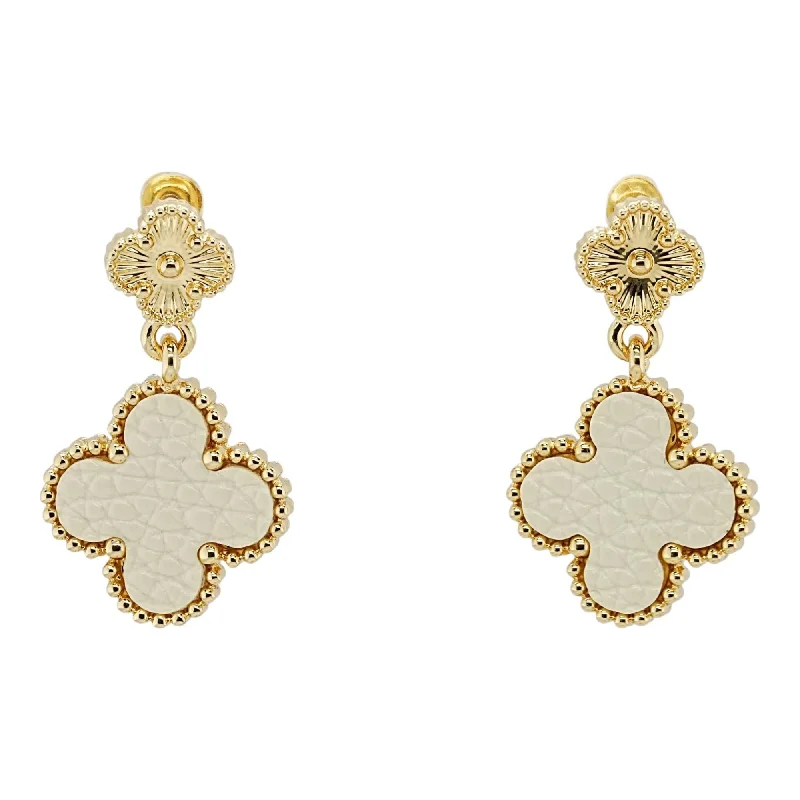 Drop Earrings with Filigree Work -Gold Tone And Cream Clover Dangle Earrings