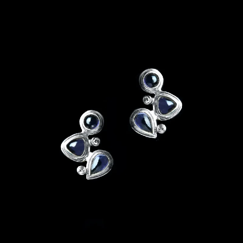 Heart Shaped Drop Earrings for Love -Iolite & Diamond Sterling Post Earrings, Mosaic 3 Stone