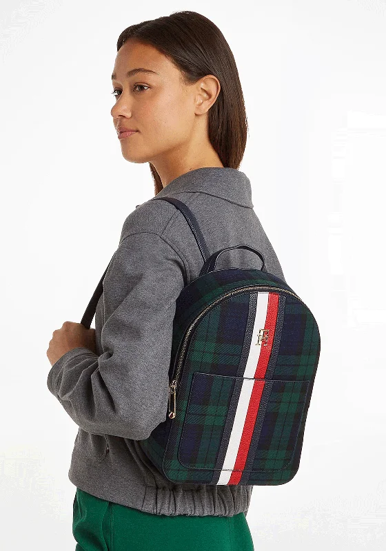 Fashionable canvas backpack for trendy college students -Tommy Hilfiger TH Emblem Plaid Backpack, Navy Multi