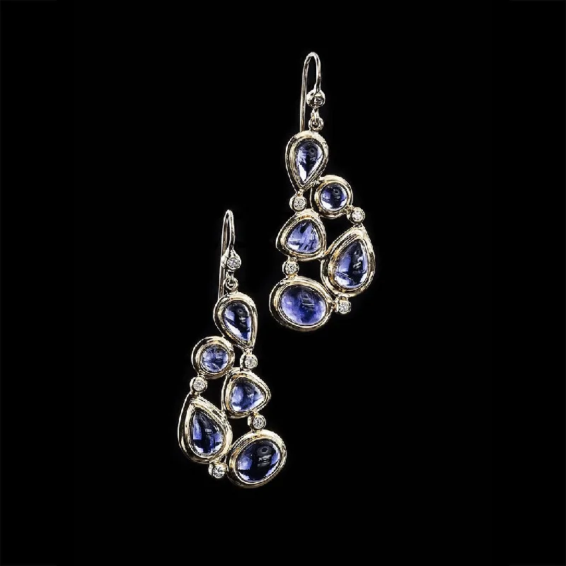 Drop Earrings for Party Look -Iolite & Diamond 18K Gold Drop Earrings, Mosaic 5 Stone