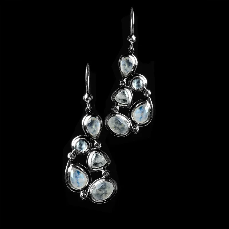 Drop Earrings for Valentine's Day -Rainbow Moonstone & Diamond Sterling Drop Earrings, Mosaic 5 Stone