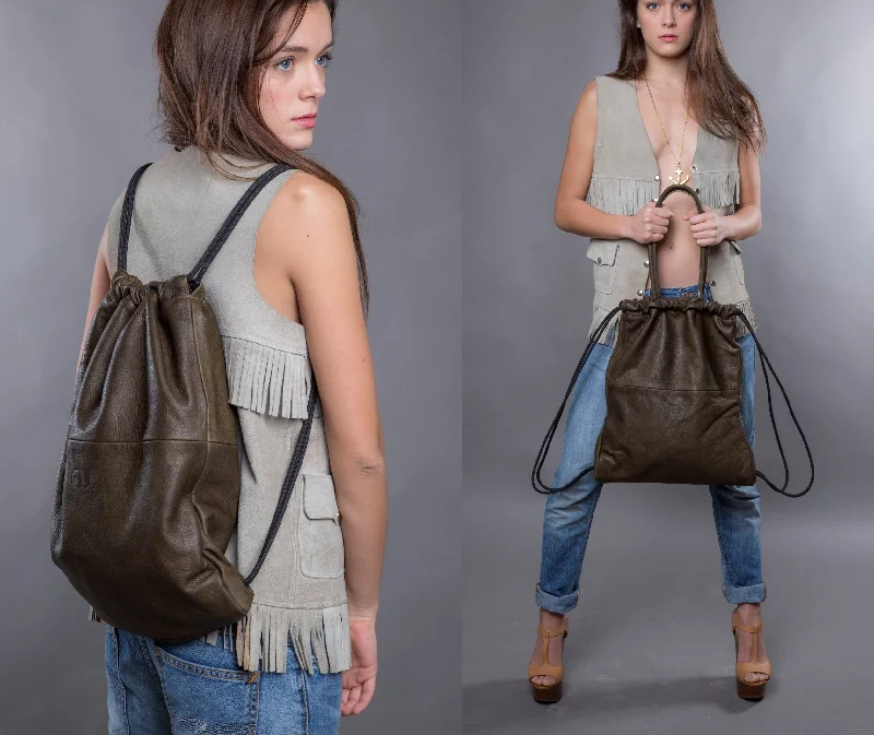 Fashionable canvas backpack for trendy college students -Leather Drawstring Backpack