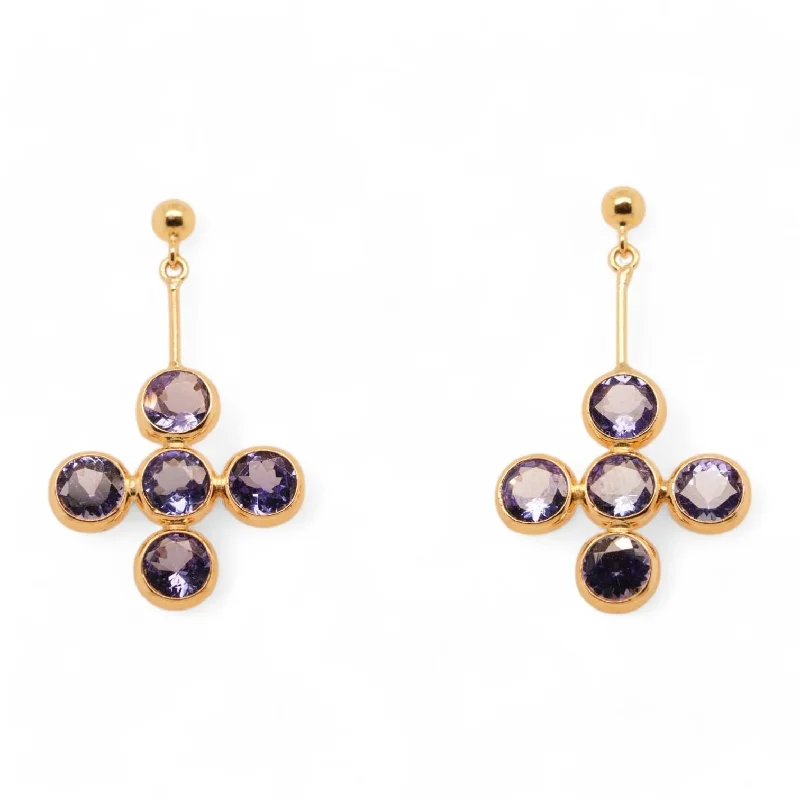 Floral Drop Earrings with Petals -18K Gold Bezel Set Tanzanite Cross Drop Earrings