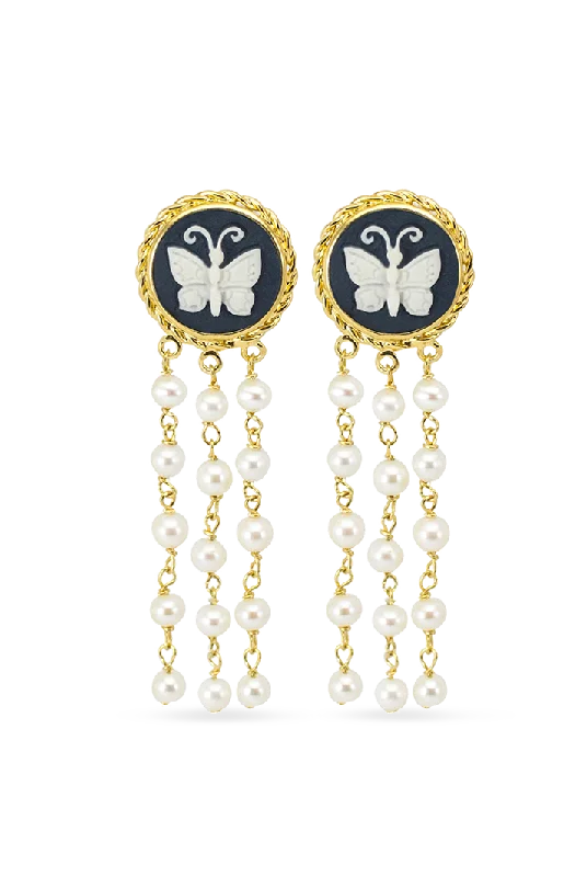 Drop Earrings for Travel Look -Butterfly Cameo & Pearls Earrings